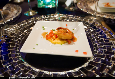 A surprise appetizer from the chef, shrimp with pureed popcorn.