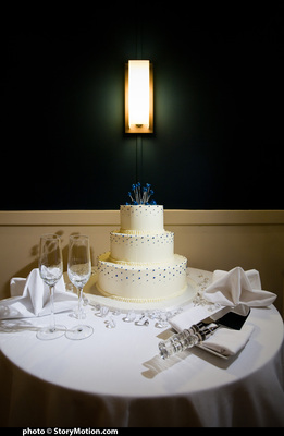 The wedding cake exemplifies our color scheme, blue and shiny!