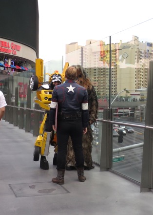 Bumblebee talking to Captain America and Chewbacca