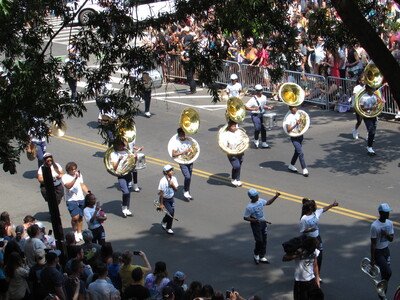 An official marching band. The horns look great in the sun.